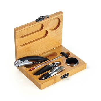 Kit Para Vinho Com Estojo Em Bambu com 6 Peças - PV-00843