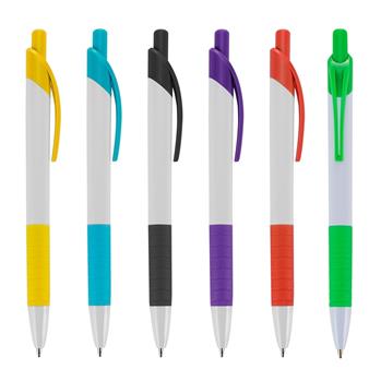 Caneta Plástica Branca com Detalhes Coloridos