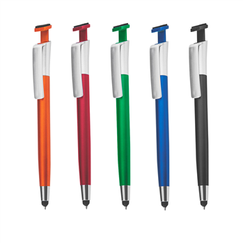 Caneta Plástica com Ponta Touch, Suporte para Celular e Limpa Tela